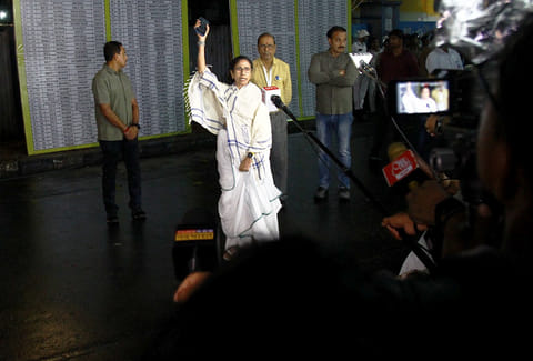 West Bengal Chief Minister and TMC candidate for Bhabanipur constituency, Mamata Banerjee speaks to the media during her visit to a counting centre within her constituency ahead of the result declaration of state Assembly elections, in Kolkata.