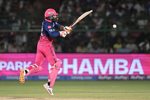 Rajasthan Royals' Ravindra Jadeja plays a shot during the Indian Premier League cricket match between Delhi Capitals and Rajasthan Royals in Jaipur, India.