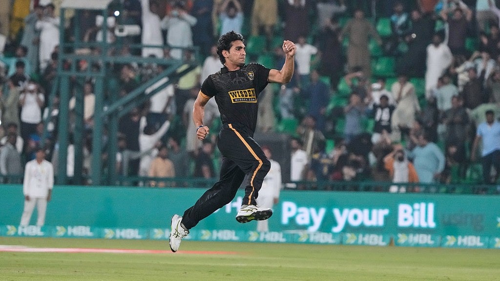 AP : Hyderabad Kingsmen's Hunain Shah celebrates after his team won the Pakistan Super League Eliminator 2 against Islamabad United in Lahore.