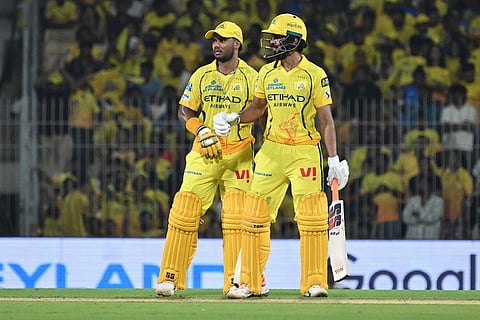 Chennai Super Kings' captain Ruturaj Gaikwad, right, and batting partner Kartik Sharma have a chat during the Indian Premier League cricket match between Chennai Super Kings and Mumbai Indians in Chennai, India.