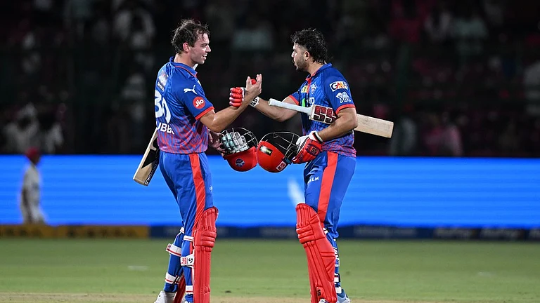 Delhi Capitals' Tristan Stubbs with batting partner Ashutosh Sharm celebrate after wining against Rajasthan Royals during the Indian Premier League cricket match in Jaipur, India, Friday, May, 1, 2026. - AP Photo