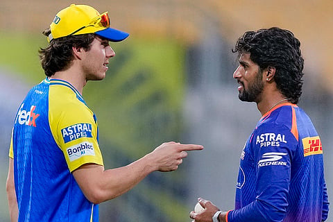 Mumbai Indians' Tilak Varma, right, and Chennai Super Kings' Dewald Brevis during a training session ahead of an Indian Premier League (IPL) 2026 T20 cricket match between Chennai Super Kings and Mumbai Indians, in Chennai, Tamil Nadu.
