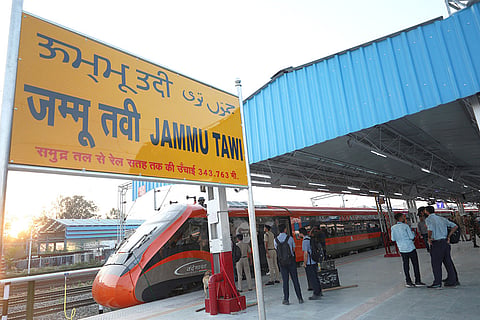 Railway Protection Force (RPF) personnel along with dog squad keep vigil as the Vande Bharat Express commences its regular service for the general public from Jammu to Srinagar, in Jammu.
