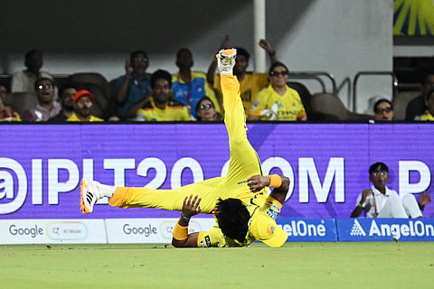 Chennai Super Kings' Ramakrishna Ghosh takes the catch to dismiss Mumbai Indians' Will Jacks during the Indian Premier League cricket match between Chennai Super Kings and Mumbai Indians in Chennai, India.