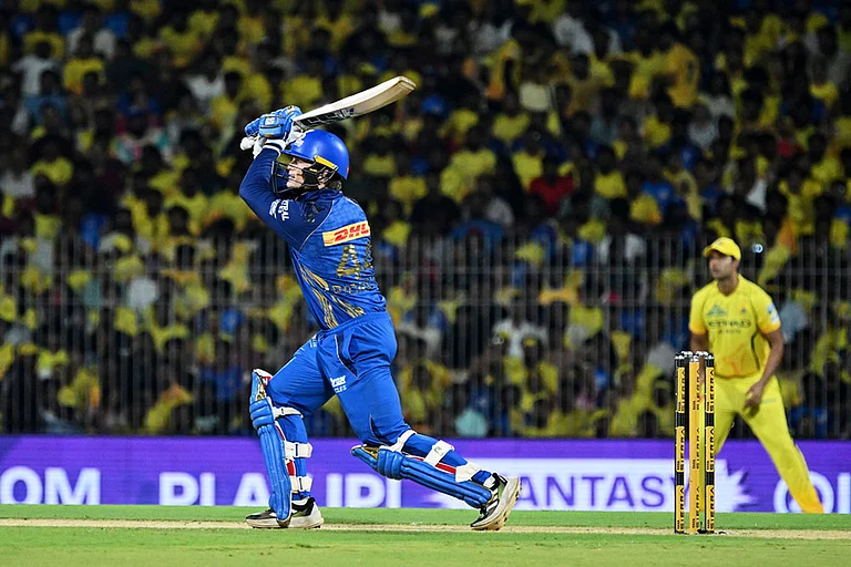 Mumbai Indians' Ryan Rickelton plays a shot during the Indian Premier League cricket match between Chennai Super Kings and Mumbai Indians in Chennai, India. - | Photo: AP