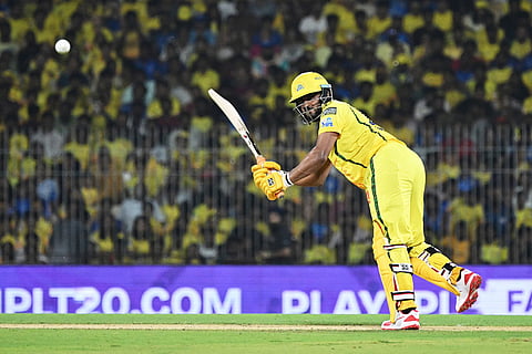 Chennai Super Kings' Urvil Patel plays a shot during the Indian Premier League cricket match between Chennai Super Kings and Mumbai Indians in Chennai, India.