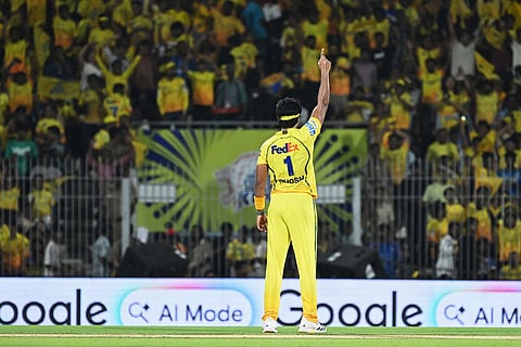 Chennai Super Kings' Ramakrishna Ghosh celebrates the wicket of Mumbai Indians' Suryakumar Yadav during the Indian Premier League cricket match between Chennai Super Kings and Mumbai Indians in Chennai, India.