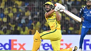 AP Photo : Chennai Super Kings' captain Ruturaj Gaikwad plays a shot during the Indian Premier League cricket match between Chennai Super Kings and Mumbai Indians in Chennai.