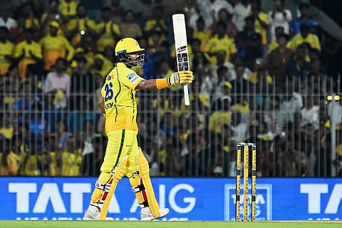 Chennai Super Kings' Kartik Sharma celebrates his fifty runs during the Indian Premier League cricket match between Chennai Super Kings and Mumbai Indians in Chennai, India.