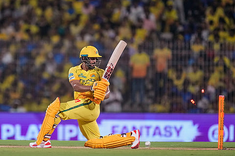 Chennai Super Kings' Urvil Patel gets bowled by Mumbai Indians' Allah Ghazanfar during an Indian Premier League (IPL) 2026 T20 cricket match between Chennai Super Kings and Mumbai Indians, in Chennai, Tamil Nadu.