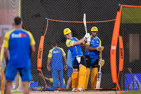 Chennai Super Kings' Dewald Brevis, left, and Shivam Dube during a training session ahead of an Indian Premier League (IPL) 2026 T20 cricket match between Chennai Super Kings and Mumbai Indians, in Chennai, Tamil Nadu.