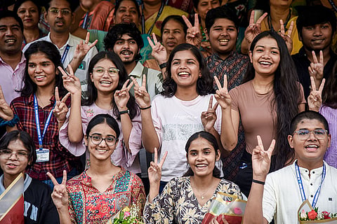 Students celebrate after the declaration of Maharashtra State Board HSC class 12 results, in Nagpur, Maharashtra.