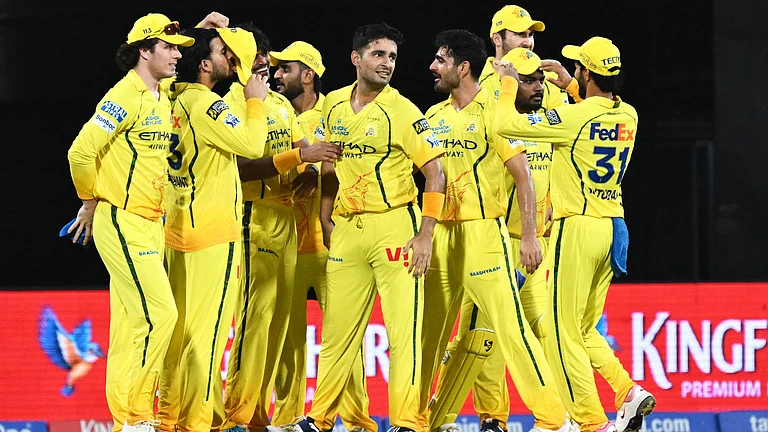 Chennai Super Kings' Anshul Kamboj, center, celebrates with teammates the wicket of Mumbai Indians' Will Jacks during the Indian Premier League cricket match between Chennai Super Kings and Mumbai Indians in Chennai, India, Saturday, May 2, 2026 - (AP Photo)