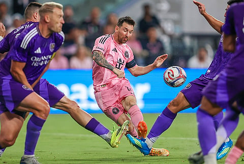 Inter Miami forward Lionel Messi (10) shoots on goal in the second half during an MLS soccer match against the Orlando City, in Miami. 