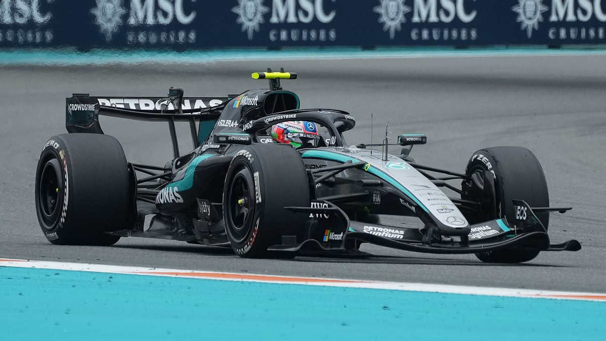 Mercedes driver Kimi Antonelli of Italy steers his car during the Miami Formula One Grand Prix auto race, Sunday, May 3, 2026, in Miami Gardens. - AP Photo