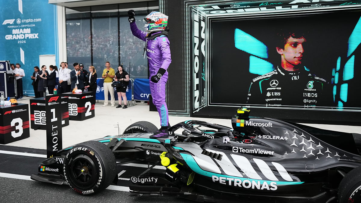 Mercedes driver Kimi Antonelli of Italy celebrates after winning the Miami Formula One Grand Prix auto race in Miami Gardens. - AP Photo