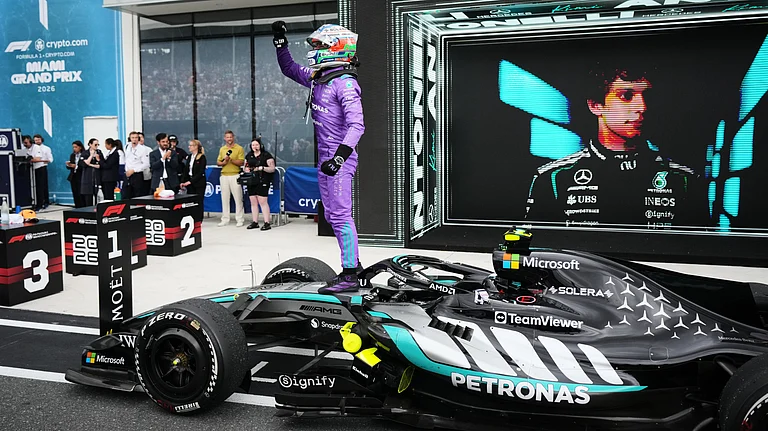 Mercedes driver Kimi Antonelli of Italy celebrates after winning the Miami Formula One Grand Prix auto race in Miami Gardens. - AP Photo