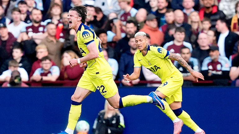 Tottenham's Conor Gallagher, left, celebrates scoring their side's first goal during the English Premier League soccer match between Aston Villa and Tottenham Hotspur in Birmingham. - AP Photo