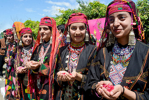 Folk artists during a 'Nasha Mukt Abhiyan' campaign to raise awareness about the harmful effects of drugs, in Srinagar, Jammu and Kashmir.