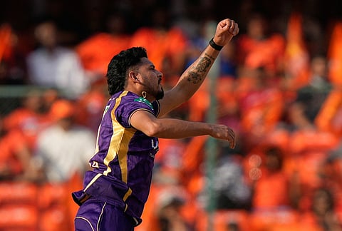 Kolkata Knight Riders' Vaibhav Arora gestures after a deliver during the Indian Premier League cricket match between Sunrisers Hyderabad and Kolkata Knight Riders in Hyderabad.