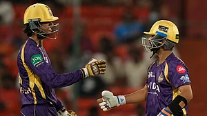 (AP Photo/Mahesh Kumar A.) : Kolkata Knight Riders'captain Ajinkya Rahane, right, and Angkrish Raghuvanshi, encourage each other as they bat during the Indian Premier League cricket match between Sunrisers Hyderabad and Kolkata Knight Riders in Hyderabad, India, Sunday, May 3, 2026