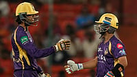 (AP Photo/Mahesh Kumar A.) : Kolkata Knight Riders'captain Ajinkya Rahane, right, and Angkrish Raghuvanshi, encourage each other as they bat during the Indian Premier League cricket match between Sunrisers Hyderabad and Kolkata Knight Riders in Hyderabad, India, Sunday, May 3, 2026