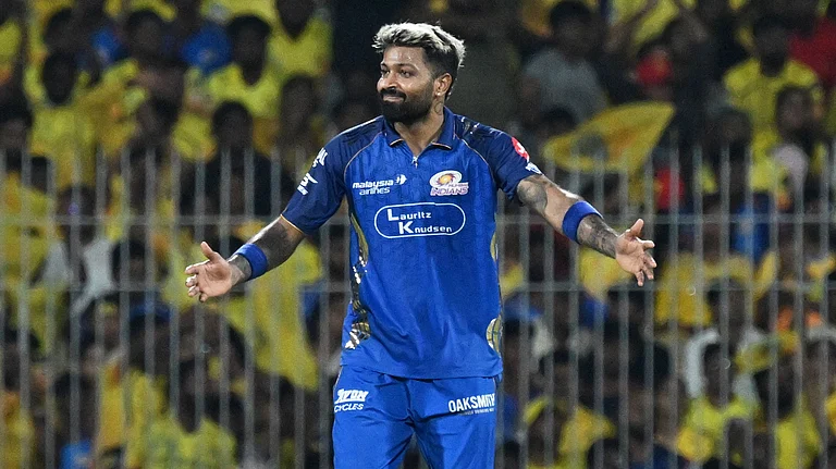 Mumbai Indians' captain Hardik Pandya reacts in the field during the Indian Premier League cricket match between Chennai Super Kings and Mumbai Indians in Chennai. - AP Photo