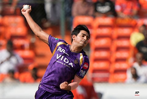 Kolkata Knight Riders' Kartik Tyagi bowls a delivery during the Indian Premier League cricket match between Sunrisers Hyderabad and Kolkata Knight Riders in Hyderabad.