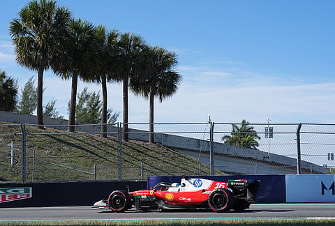 Ferrari driver Charles Leclerc of Monaco steers his car during a qualifying session for the Miami Formula One Grand Prix auto race in Miami Gardens, Florida.