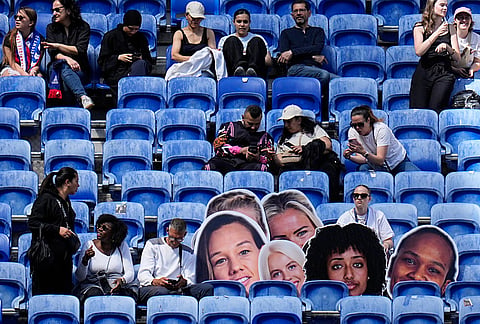 Enlarged pictures of Lyonnes players are placed on seats during the Women's Champions League semifinal, second leg, soccer match between OL Lyonnes and Arsenal, in Decines, outside Lyon, France.