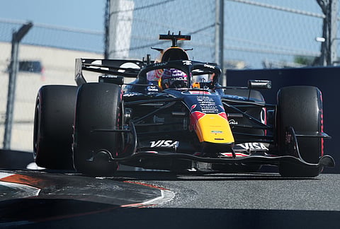Red Bull driver Max Verstappen of the Netherlands steers his car during a qualifying session for the Miami Formula One Grand Prix auto race 
in Miami Gardens, Florida.