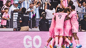 InterMiamiCF/X : Inter Miami footballers celebrate a goal against Orlando City during MLS 2026 clash at Nu Stadium.