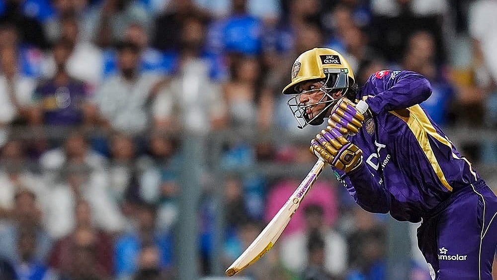 | Photo: PTI/Kunal Patil : Kolkata Knight Riders' Angkrish Raghuvanshi plays a shot during an Indian Premier League (IPL) 2026 T20 cricket match between Mumbai Indians and Kolkata Knight Riders, at the Wankhede Stadium, in Mumbai.