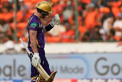 Kolkata Knight Riders' Finn Allen leaves the ground after losing his wicket during the Indian Premier League cricket match between Sunrisers Hyderabad and Kolkata Knight Riders in Hyderabad.