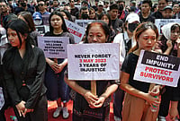 | Photo: Suresh K. Pandey/Outlook : People hold placards during a protest on the third anniversary of the Manipur violence, at Jantar Mantar, in New Delhi.