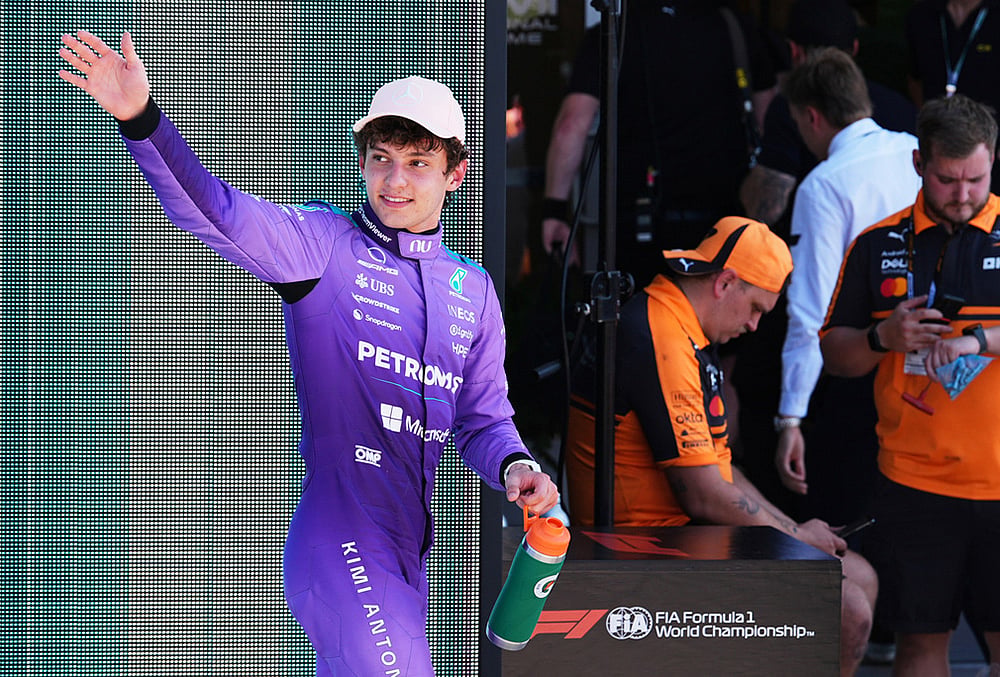 Mercedes driver Kimi Antonelli of Italy reacts after a qualifying session for the Miami Formula One Grand Prix auto race in Miami Gardens, Florida.  - | Photo: AP/Rebecca Blackwel