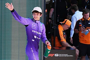 | Photo: AP/Rebecca Blackwel : Mercedes driver Kimi Antonelli of Italy reacts after a qualifying session for the Miami Formula One Grand Prix auto race in Miami Gardens, Florida.