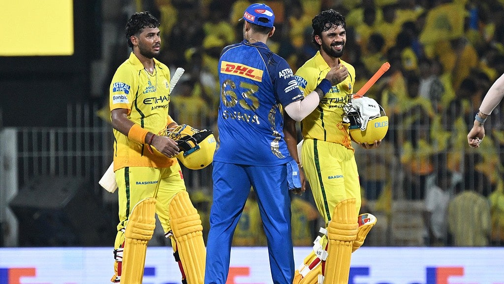 Chennai Super Kings' captain Ruturaj Gaikwad, right, is congratulated by Mumbai Indians' Suryakumar Yadav after Chennai Super Kings won the Indian Premier League cricket match between against Mumbai Indians in Chennai, India, Saturday, May 2, 2026.  - AP/Photo