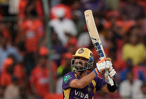 Kolkata Knight Riders' captain Ajinkya Rahane plays a shot during the Indian Premier League cricket match between Sunrisers Hyderabad and Kolkata Knight Riders in Hyderabad.