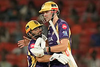 SRH Vs KKR, IPL 2026: See Best Photos From Indian Premier League Match 45 At Hyderabad's Rajiv Gandhi Stadium | Photo: AP/Mahesh Kumar A. : Kolkata Knight Riders' Rinku Singh, left and Cameron Green celebrate their win over Sunrisers Hyderabad during the Indian Premier League cricket match in Hyderabad.