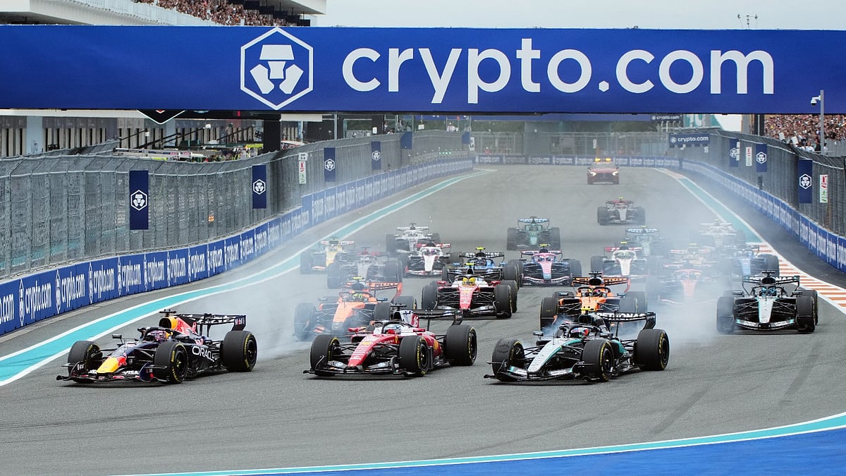 Drivers steer their cars during the Miami Formula One Grand Prix auto race, Sunday, May 3, 2026, in Miami Gardens, Fla. - AP Photo