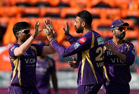 Kolkata Knight Riders' Varun Chakaravarthy celebrates the wicket of Sunrisers Hyderabad's Smaran Ravichandran during the Indian Premier League cricket match between Sunrisers Hyderabad and Kolkata Knight Riders in Hyderabad.
