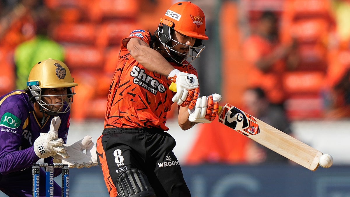 Sunrisers Hyderabad's captain Ishan Kishan plays a shot during the Indian Premier League cricket match between Sunrisers Hyderabad and Kolkata Knight Riders in Hyderabad , India, Sunday, May 3, 2026 - (AP Photo/Mahesh Kumar A.)