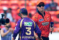 SRH Vs KKR, IPL 2026: See Best Photos From Indian Premier League Match 45 At Hyderabad's Rajiv Gandhi Stadium | Photo: AP/Mahesh Kumar A. : Sunrisers Hyderabad's Pat Cummins, right and Kolkata Knight Riders' captain Ajinkya Rahane shake hands after the coin toss during the Indian Premier League cricket match between Sunrisers Hyderabad.