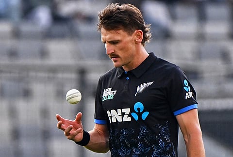 New Zealand's captain Nathan Smith gets ready to bowl a delivery during the third T20 international cricket match between Bangladesh and New Zealand in Mirpur, Bangladesh.