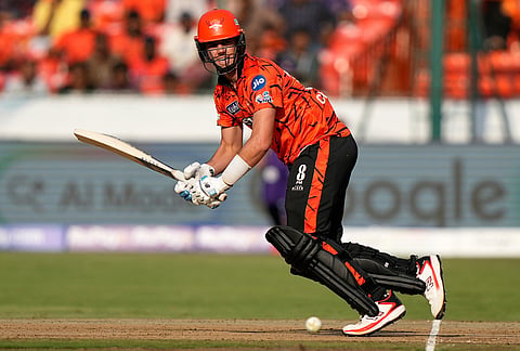 Sunrisers Hyderabad's Pat Cummins plays a shot during the Indian Premier League cricket match between Sunrisers Hyderabad and Kolkata Knight Riders in Hyderabad.