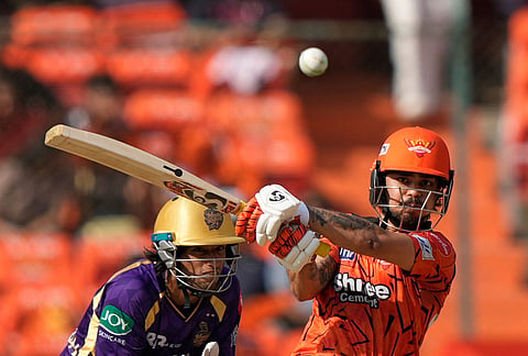 Sunrisers Hyderabad's Ishan Kishan hits a boundary during the Indian Premier League cricket match between Sunrisers Hyderabad and Kolkata Knight Riders in Hyderabad.