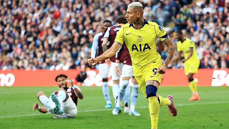 Tottenham's Richarlison celebrates scoring their side's second goal during the English Premier League soccer match between Aston Villa and Tottenham Hotspur in Birmingham. - AP Photo