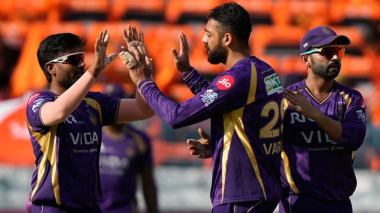 Kolkata Knight Riders' Varun Chakaravarthy celebrates the wicket of Sunrisers Hyderabad's Smaran Ravichandran during the Indian Premier League cricket match between Sunrisers Hyderabad and Kolkata Knight Riders in Hyderabad , India, Sunday, May 3, 2026 - (AP Photo/Mahesh Kumar A.)
