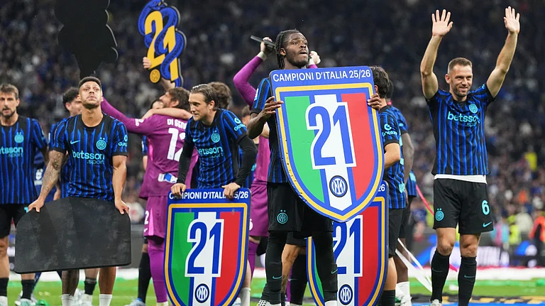 Inter Milan footballers celebrate their Serie A 2025-26 title at San Siro. - AP Photo